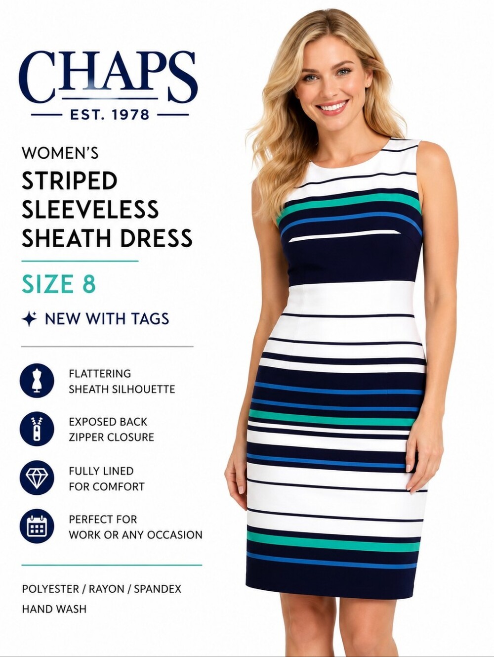 CHAPS Women's Striped Sleeveless Sheath Dress Size 8